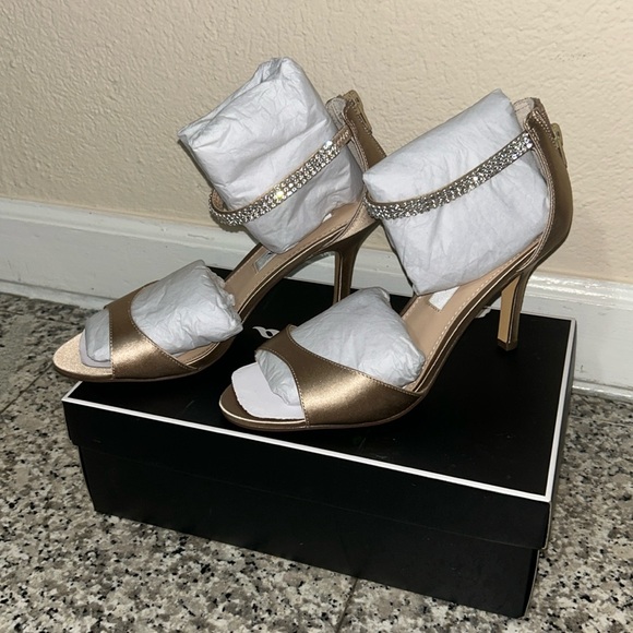 CHAMPAGNE SATIN CRYSTAL ANKLE-STRAP HIGH-HEEL DRESSY SANDAL - Picture 3 of 5